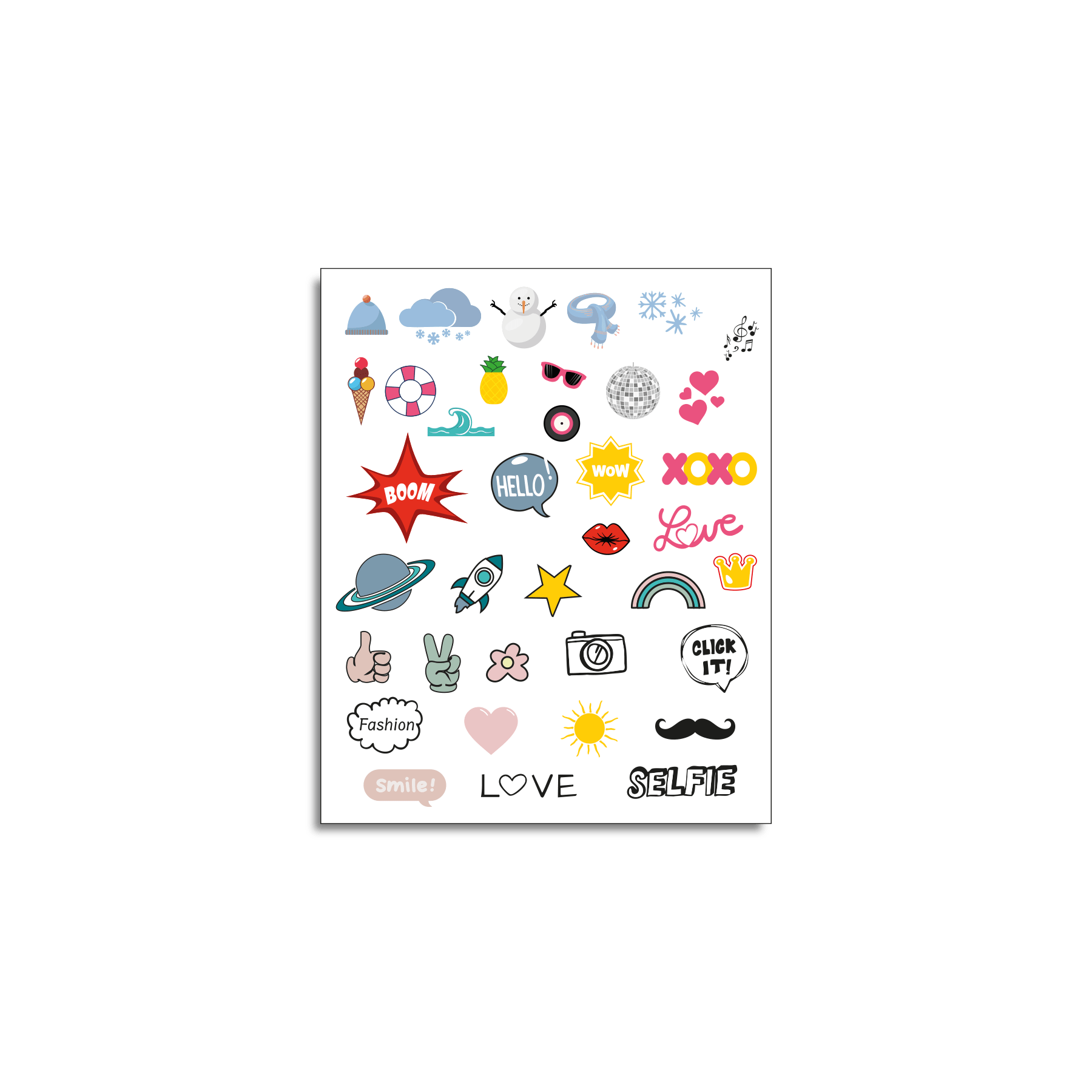 Sheet of colorful stickers with various designs on a white background