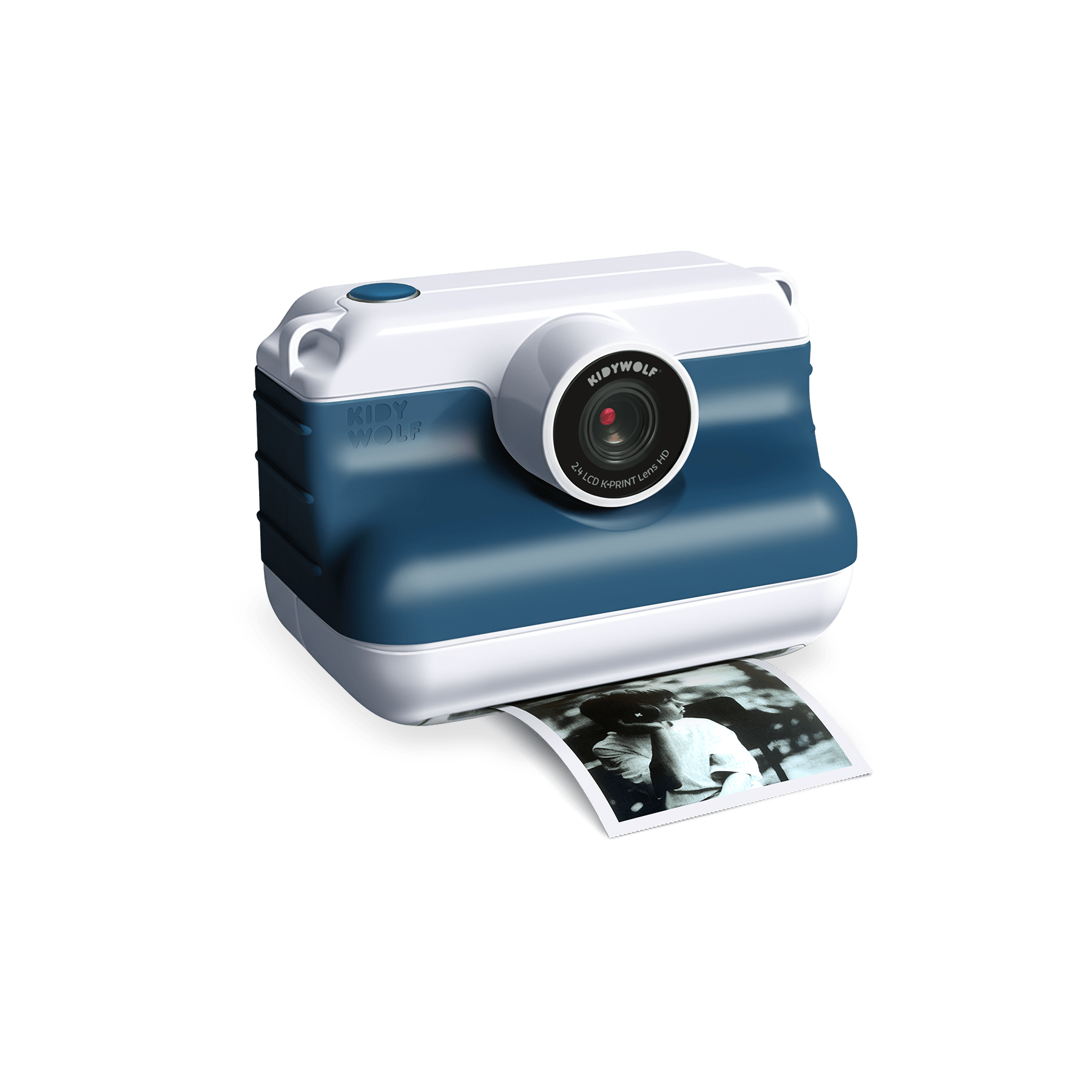 Blue and white instant camera with a printed photo on a white background