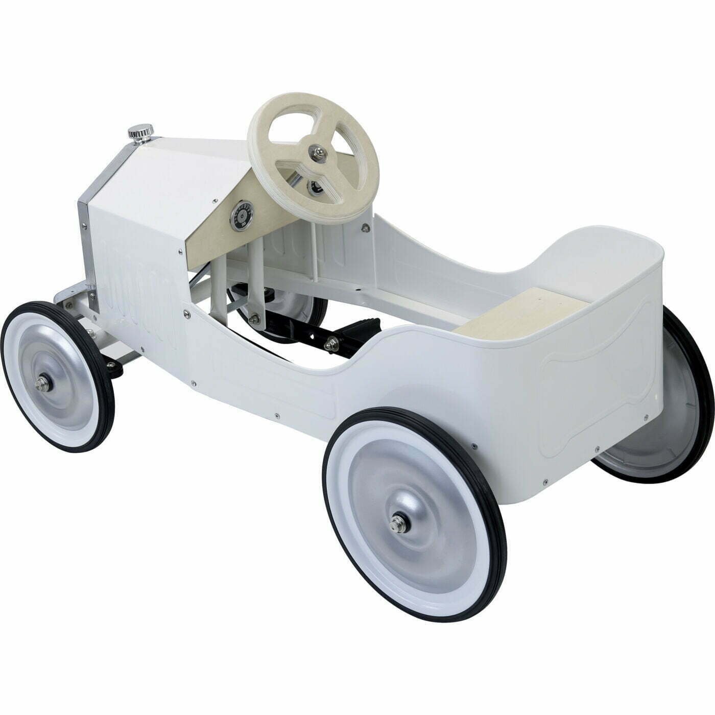 White pedal car with black wheels on a white background