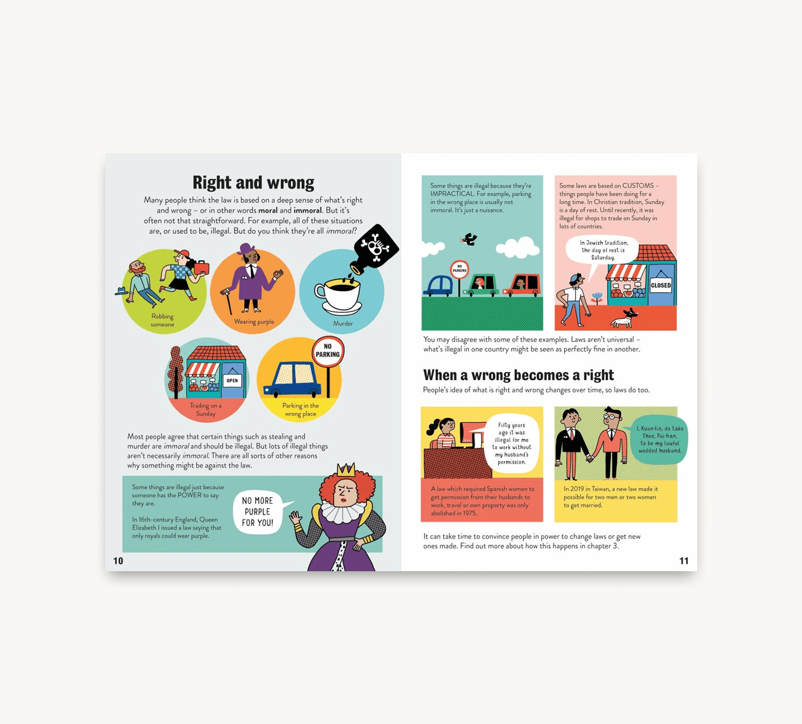 Educational book page about right and wrong with colorful illustrations and text.