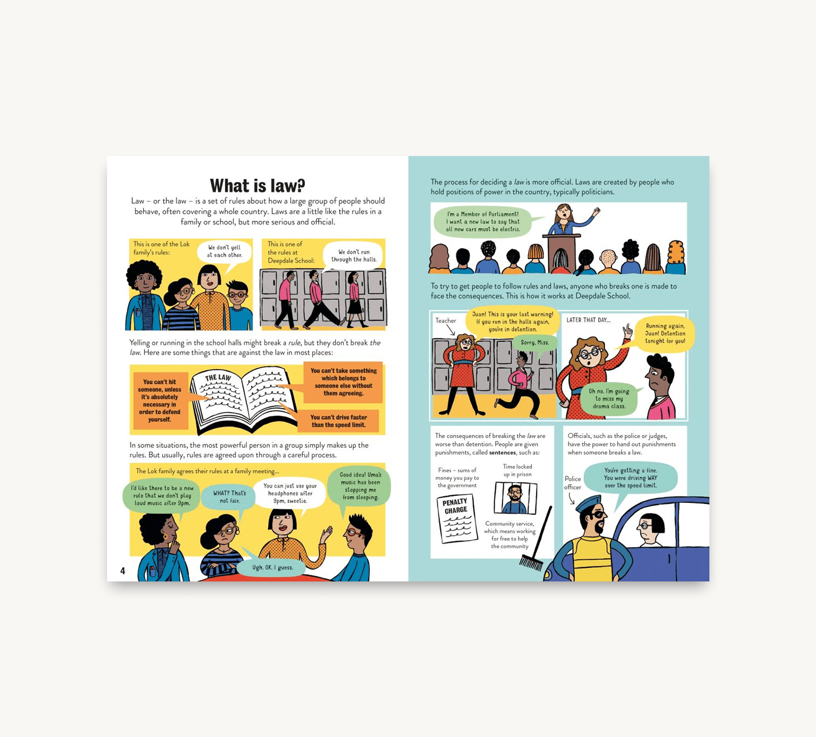 Educational book page explaining what law is with illustrations and text.