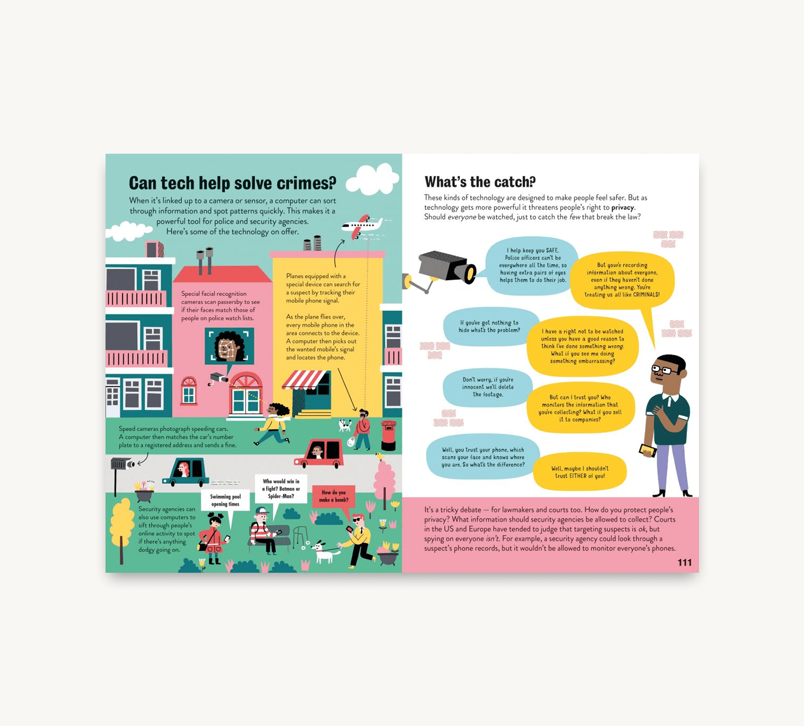 Educational infographic about technology in crime solving with colorful illustrations and text.