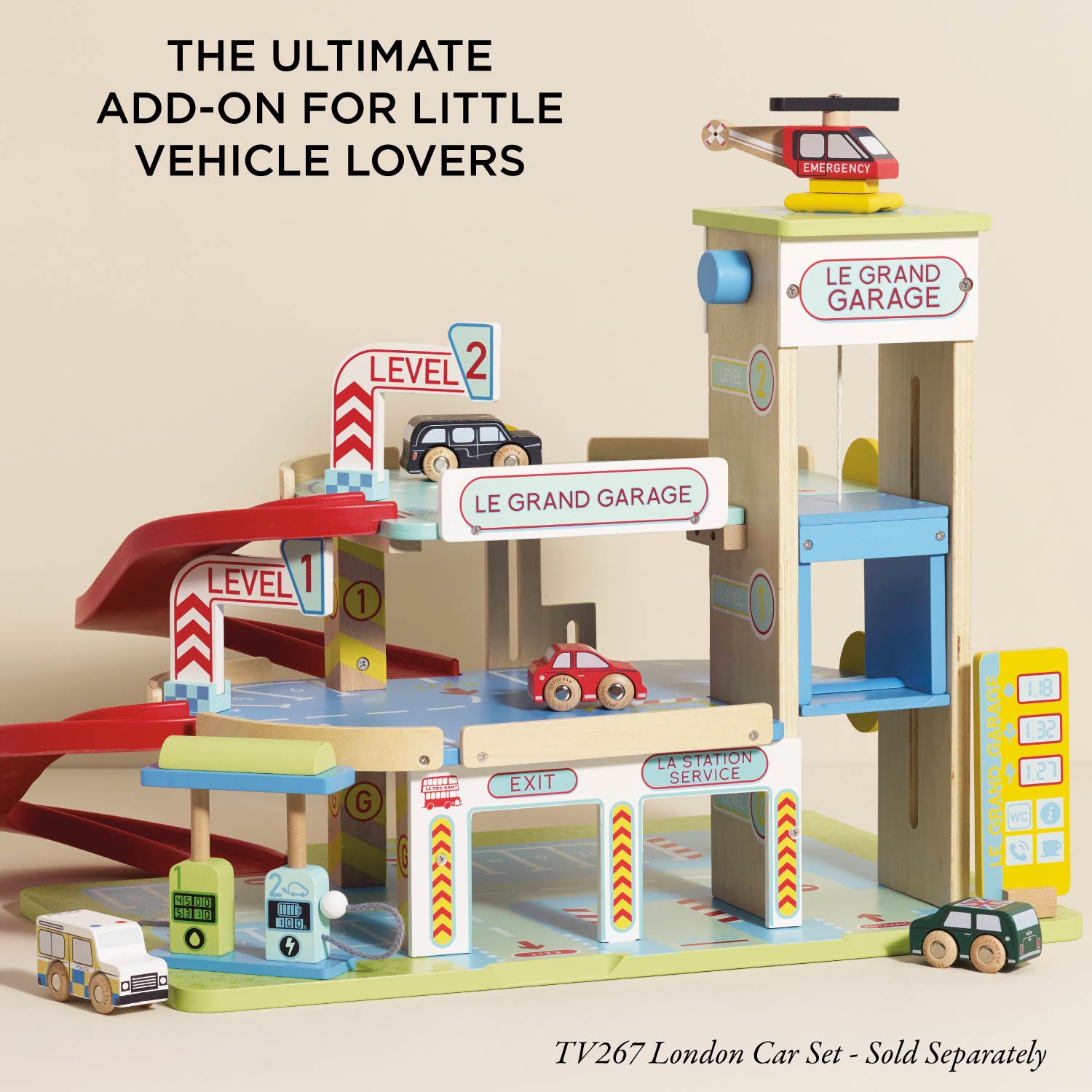 Toy garage set with cars and helicopter on a beige background, labeled 'The Ultimate Add-On for Little Vehicle Lovers'.