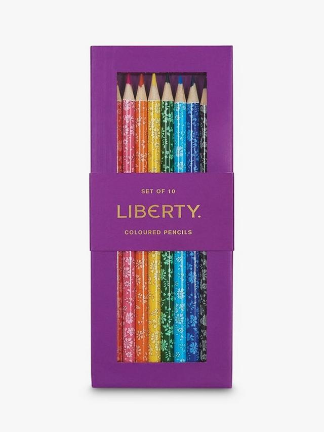 Set of 10 Liberty coloured pencils in a purple packaging box on a white background