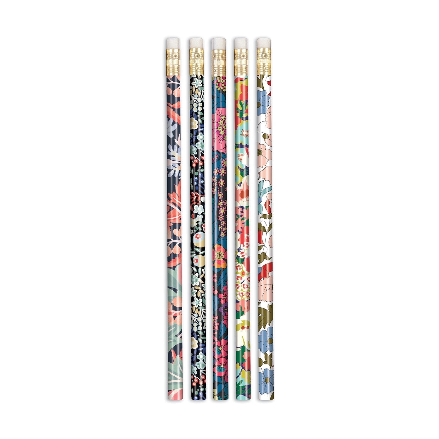 Set of five floral-patterned pencils on a white background