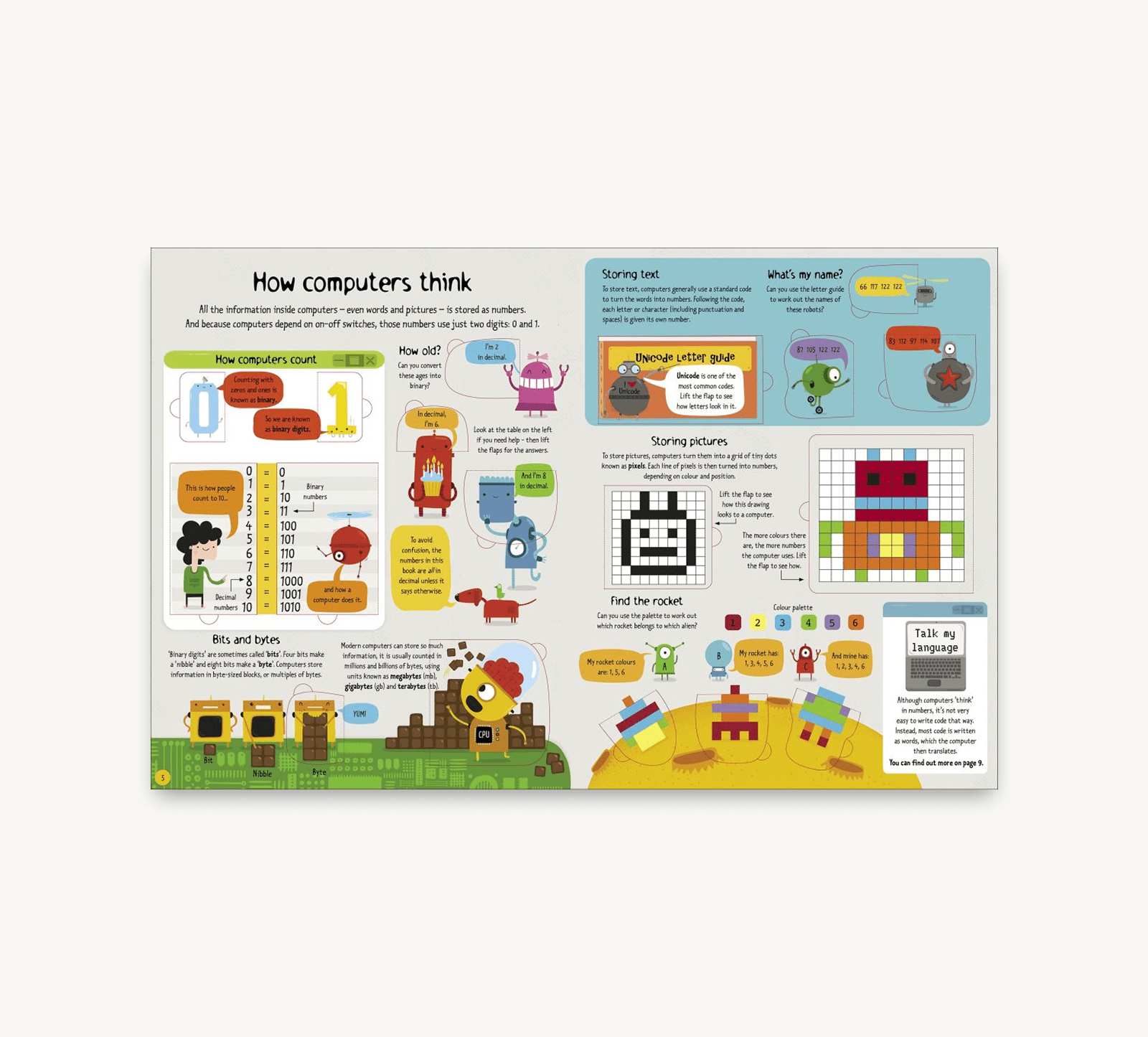 Educational poster about how computers think with colorful graphics and text.