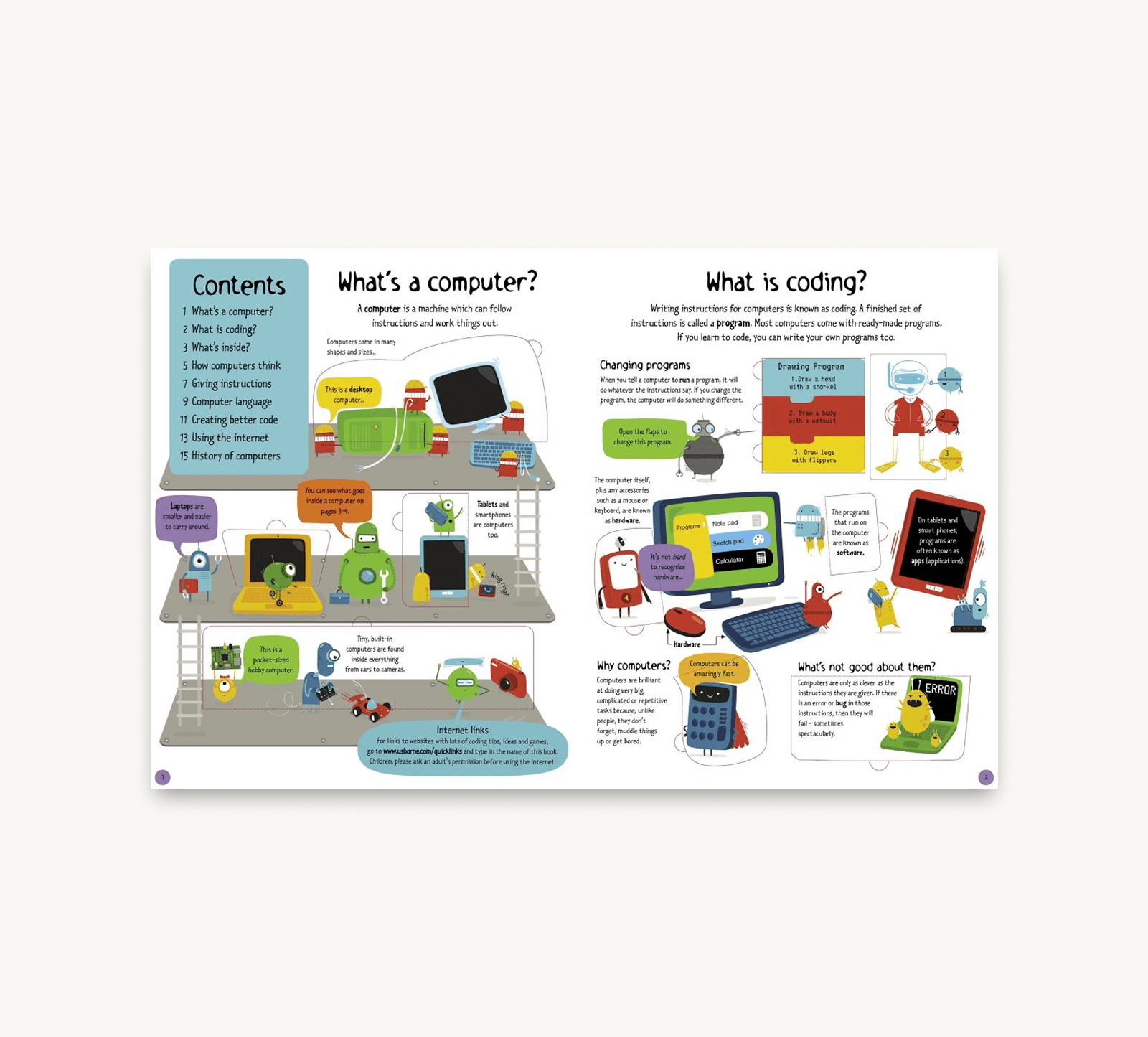 Educational poster about computers and coding with colorful illustrations on a white background.