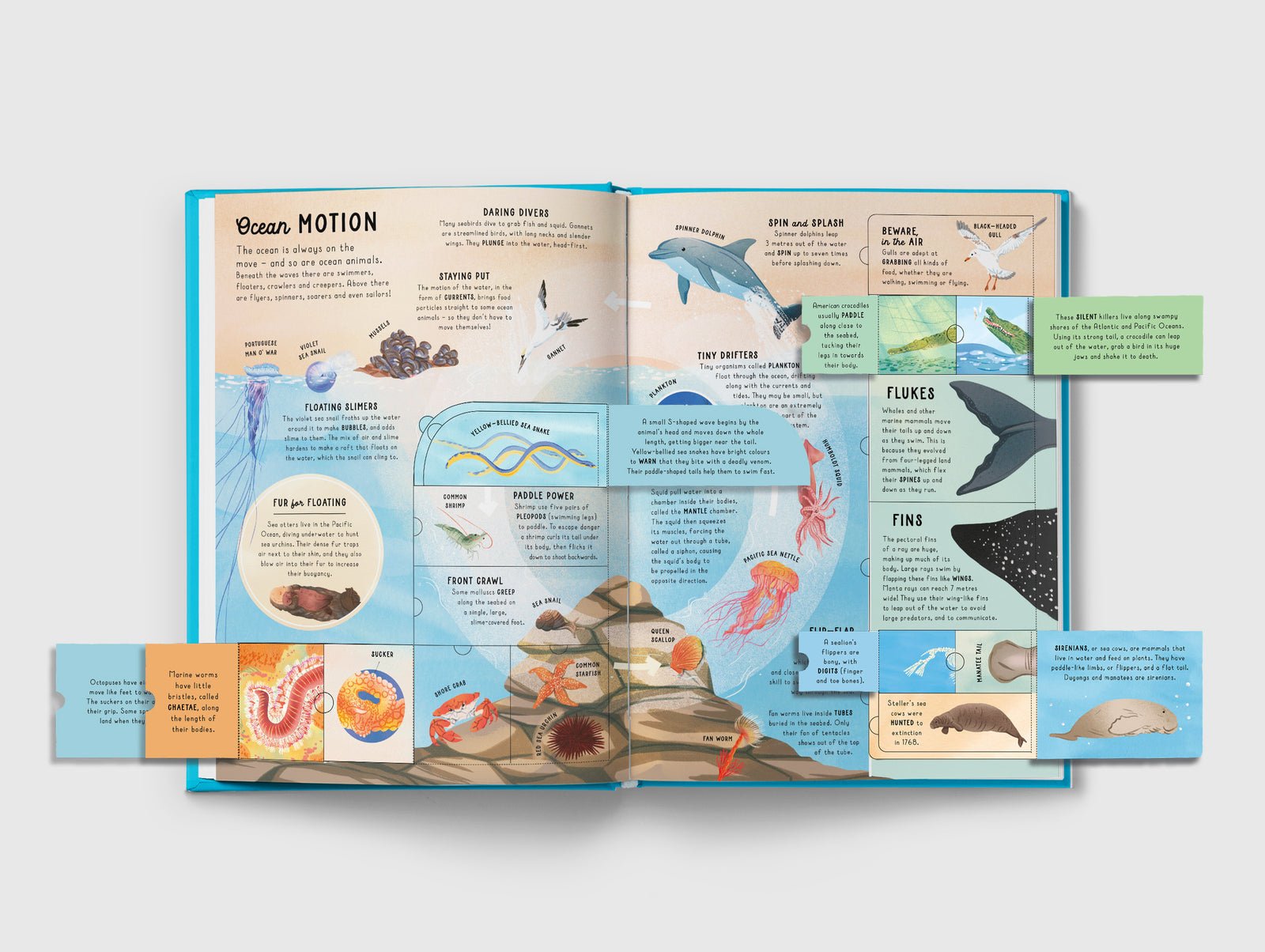 Educational book open to a page about ocean motion with illustrations and text.