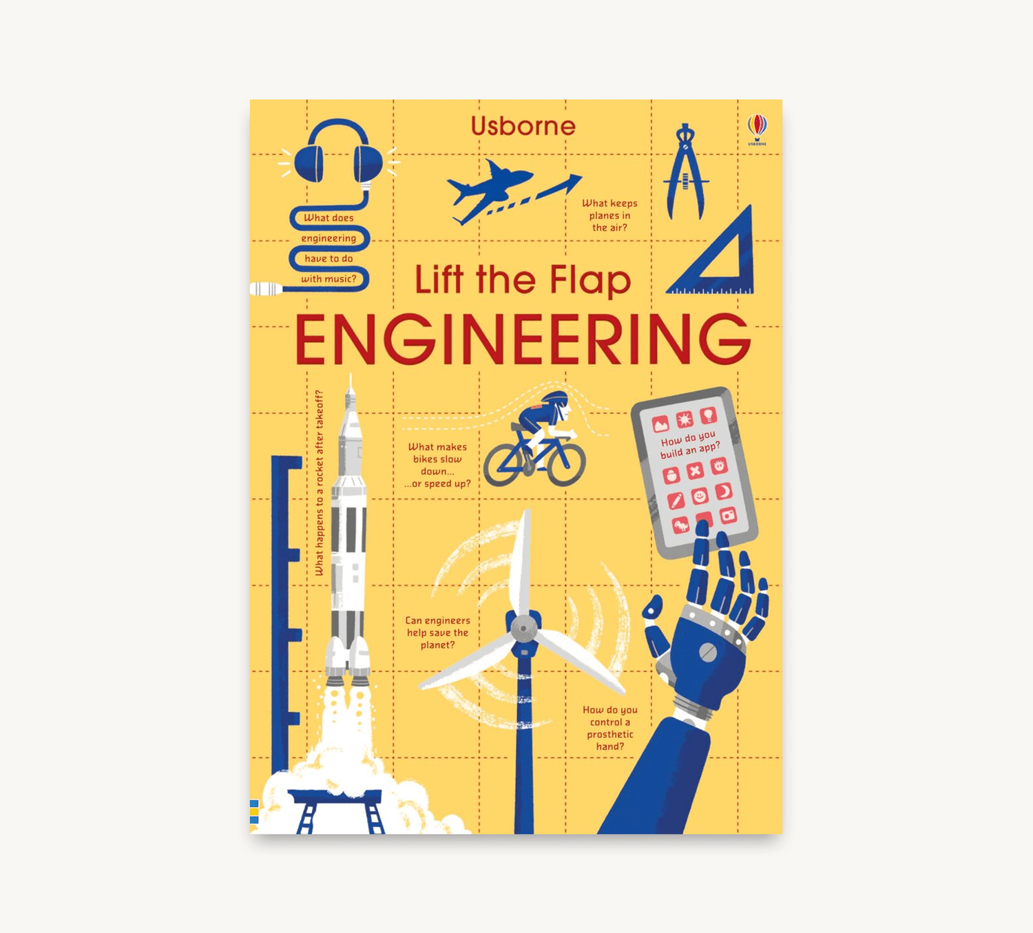 Book cover of 'Lift the Flap Engineering' by Usborne with various engineering-themed illustrations on a yellow background.
