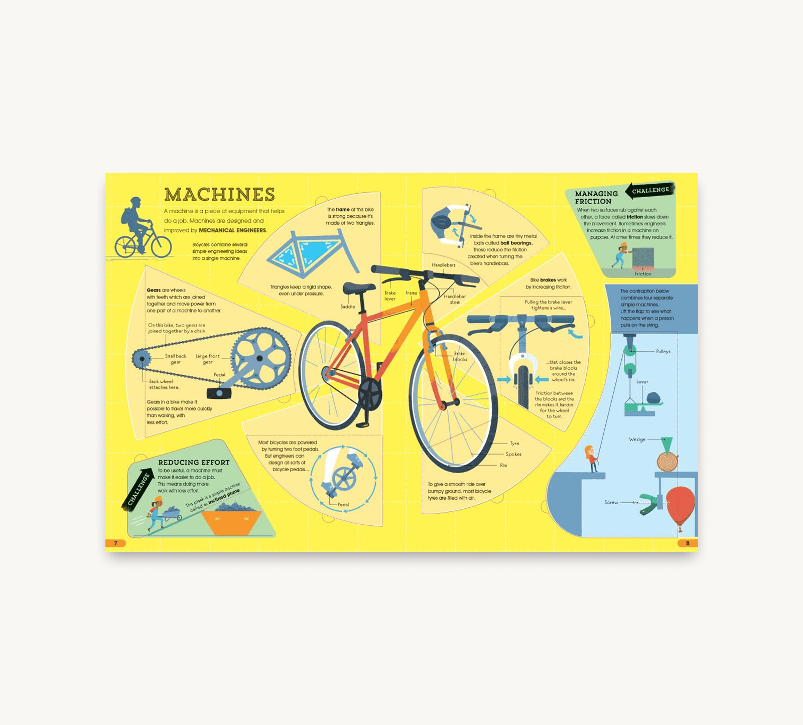 Educational poster about machines with a focus on bicycles on a yellow background