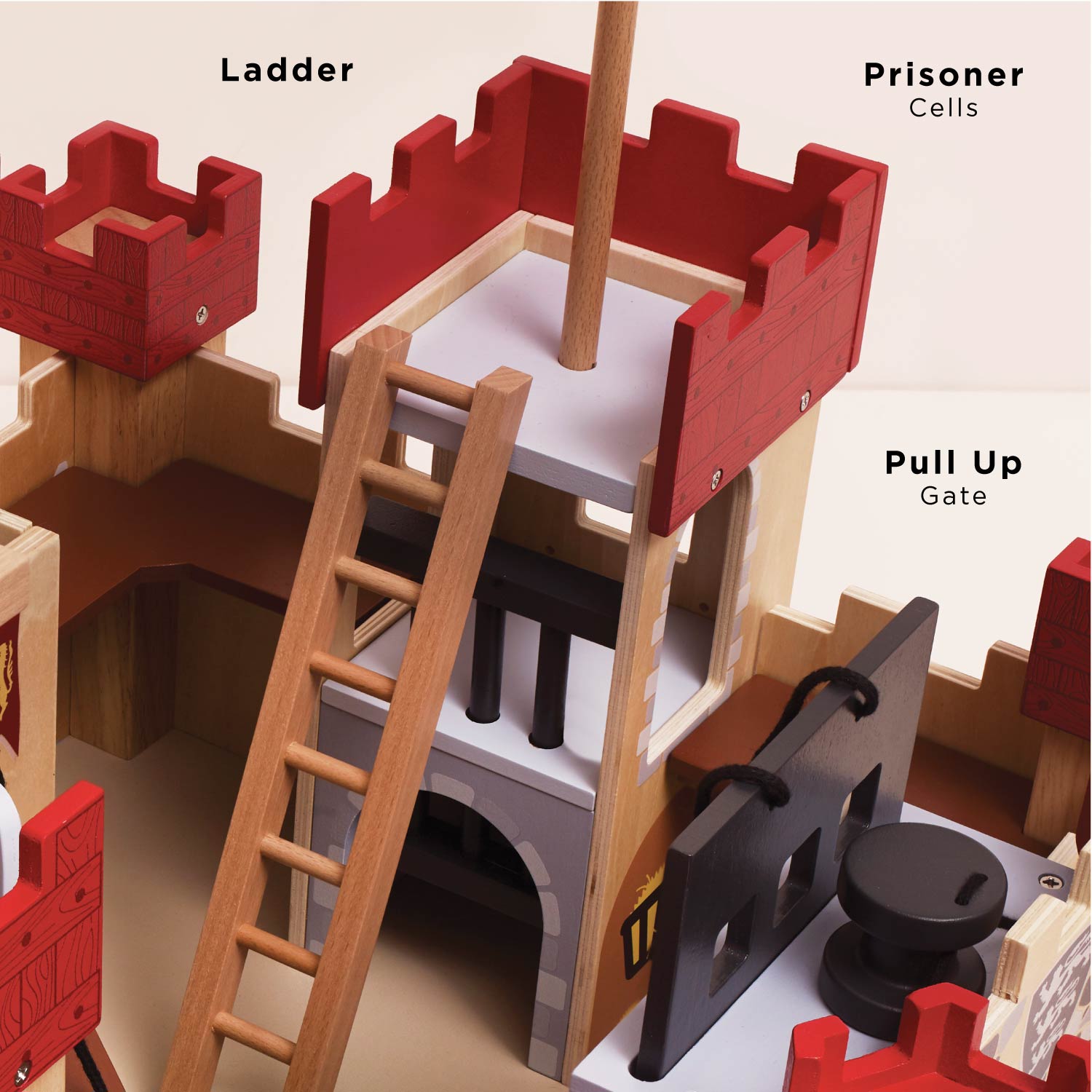 Wooden toy castle with labeled parts including a ladder, prisoner cells, and a pull-up gate.