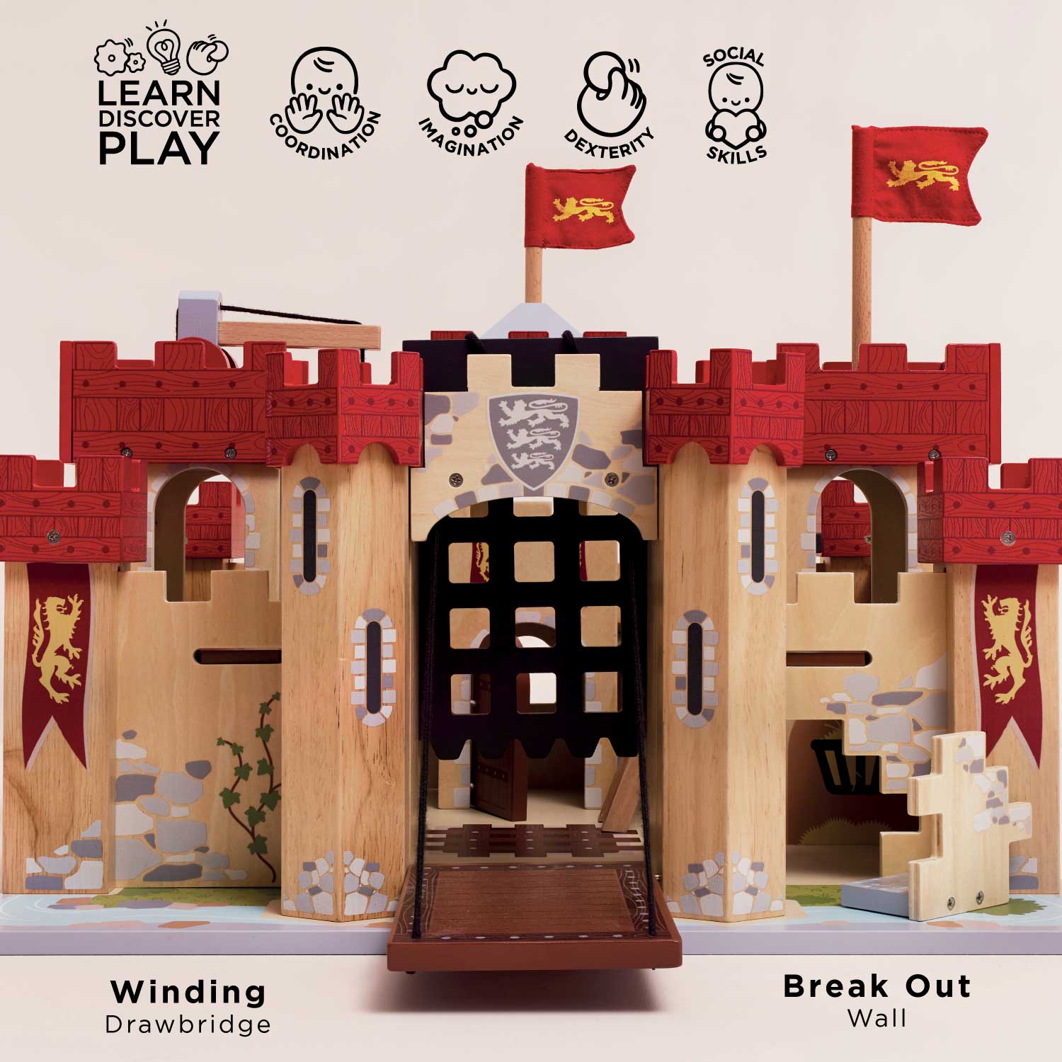 Wooden toy castle with red flags and drawbridge, featuring educational icons and text.