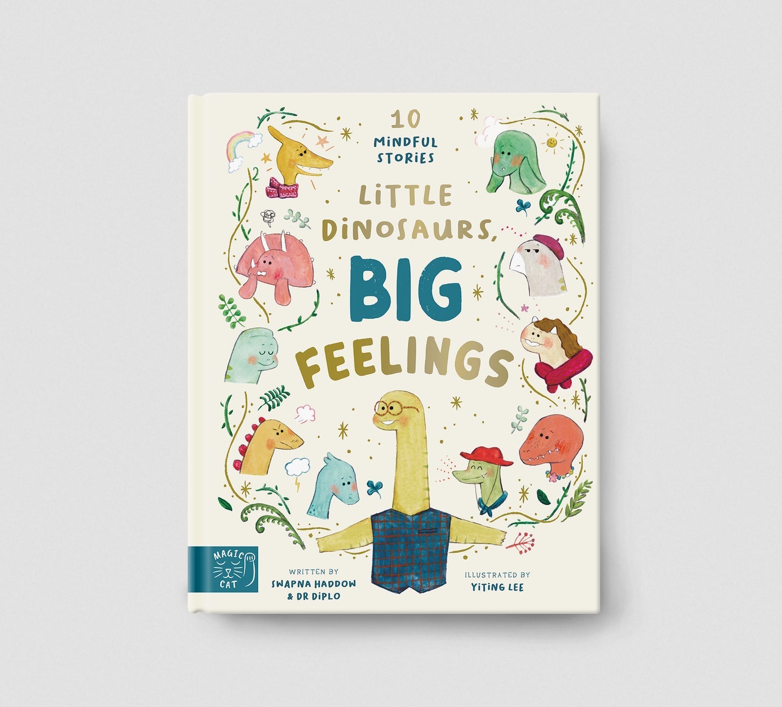 Book cover of '10 Mindful Stories Little Dinosaurs, Big Feelings' with colorful dinosaur illustrations on a light background.