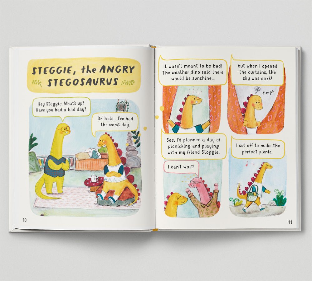 Open book showing illustrations of a dinosaur character named Steggie and a friend Diplo.