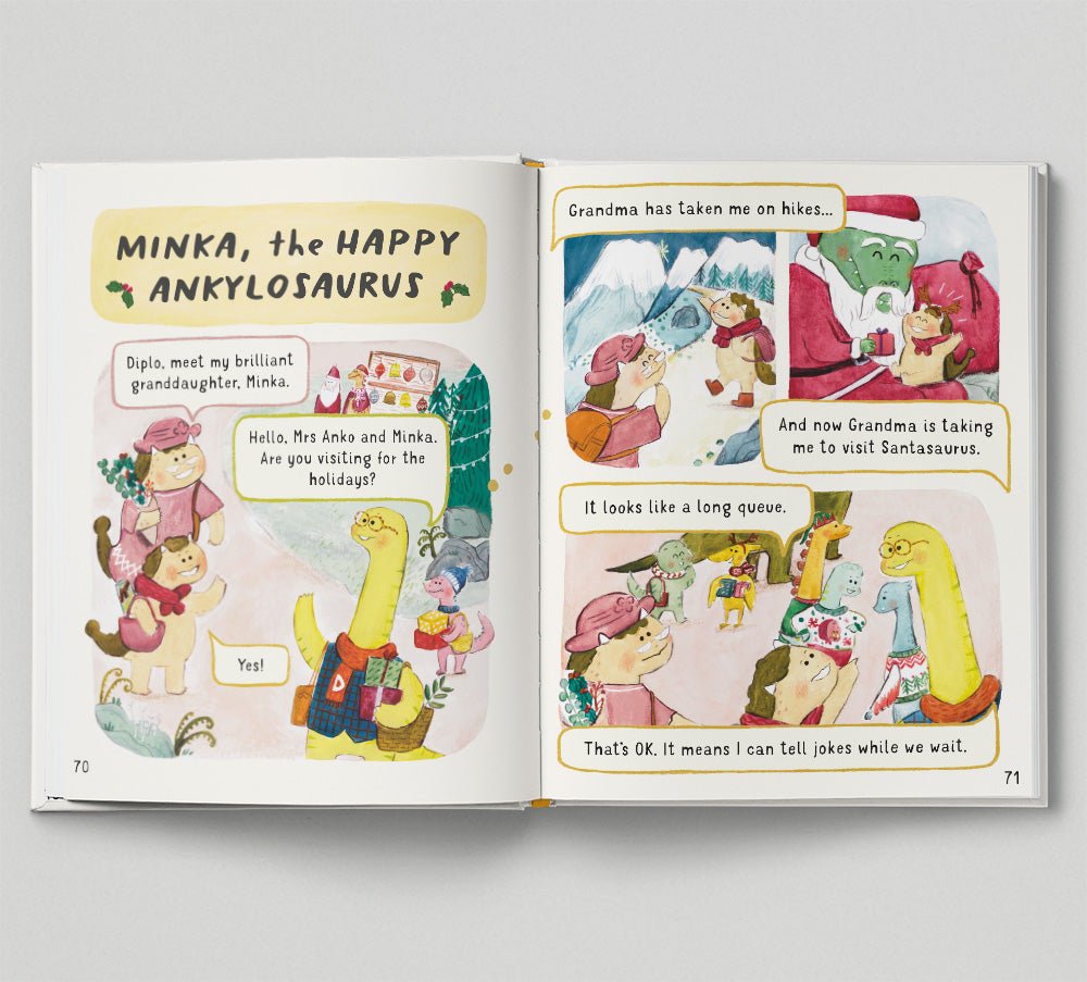 Open book with colorful illustrations of a dinosaur and children on a gray background