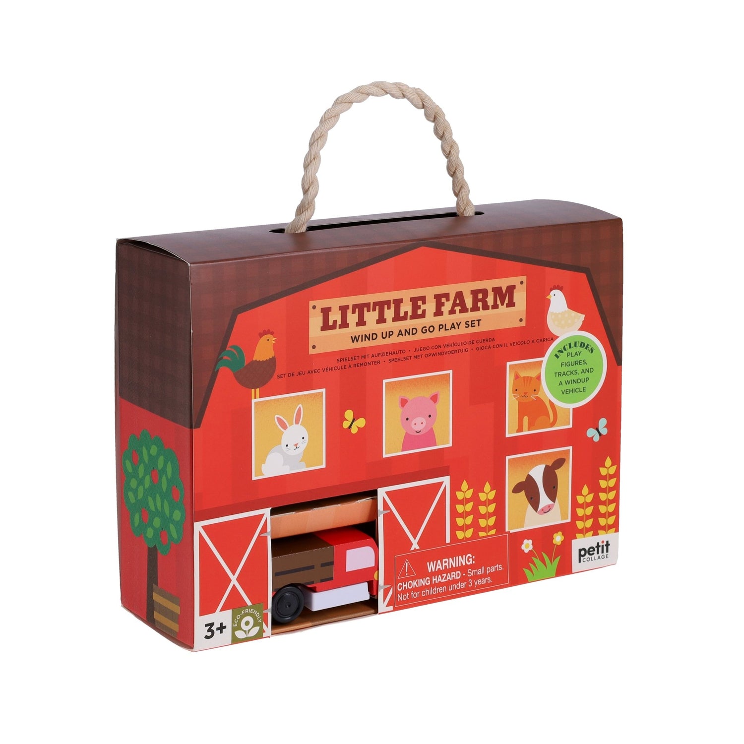 Boxed Little Farm wind-up toy set with farm animals and a barn design.