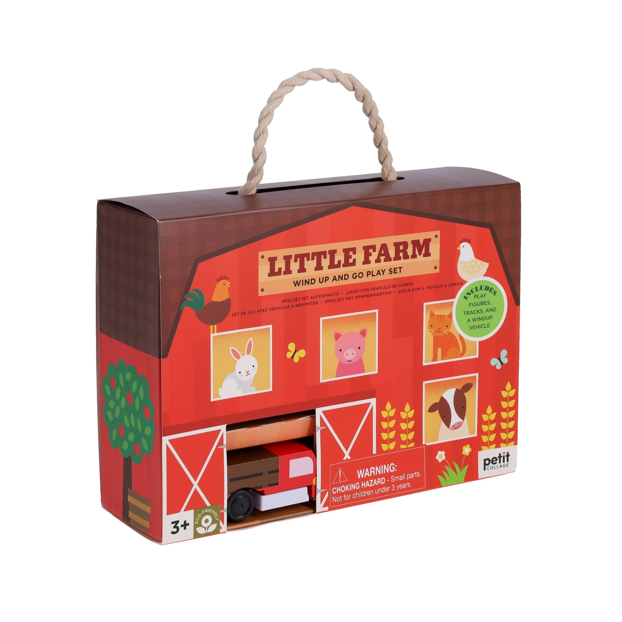 Boxed Little Farm wind-up toy set with farm animals and a barn design.