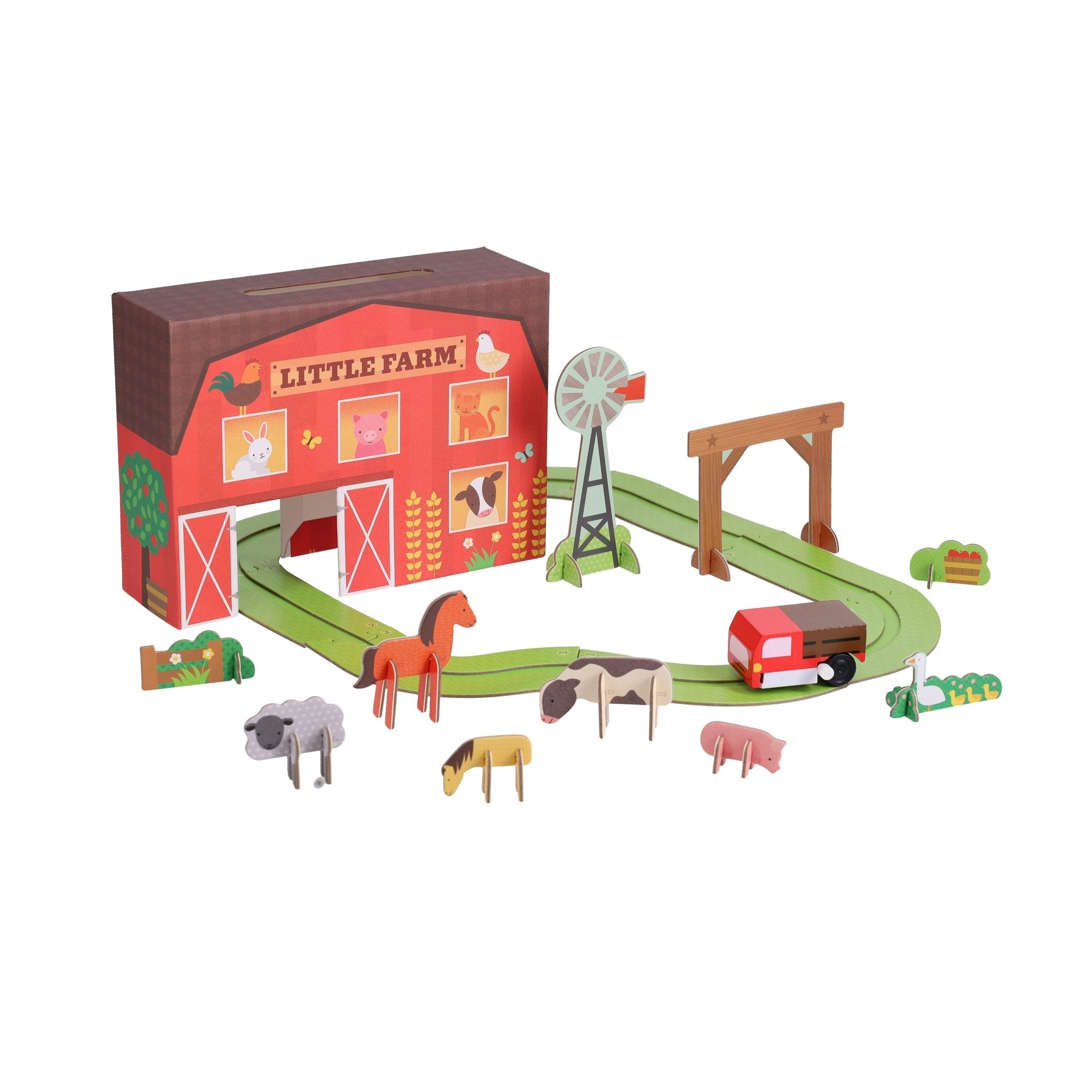 Toy farm set with animals and accessories on a white background