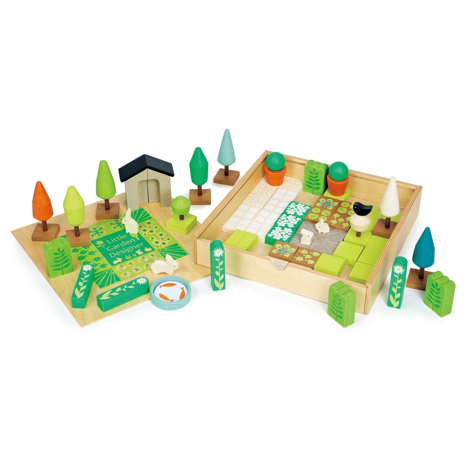 Wooden garden design set with trees, house, and various elements on a white background