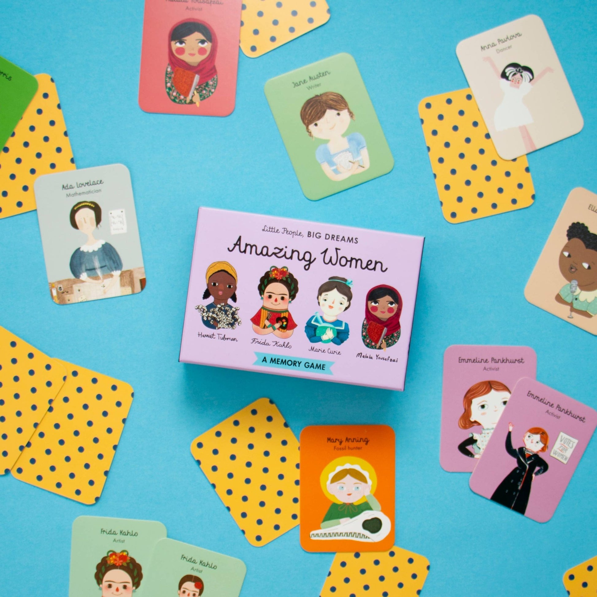 Memory game with illustrated cards on a blue background