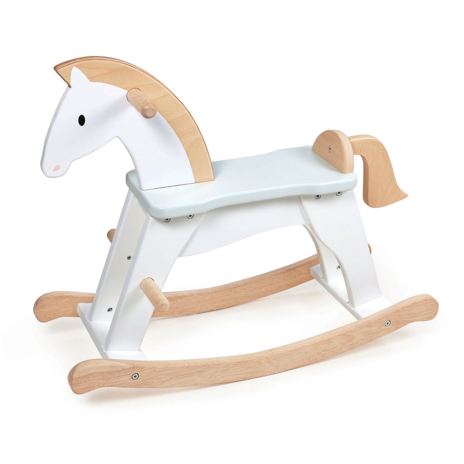 Wooden rocking horse with white body and natural wood legs and mane on a white background