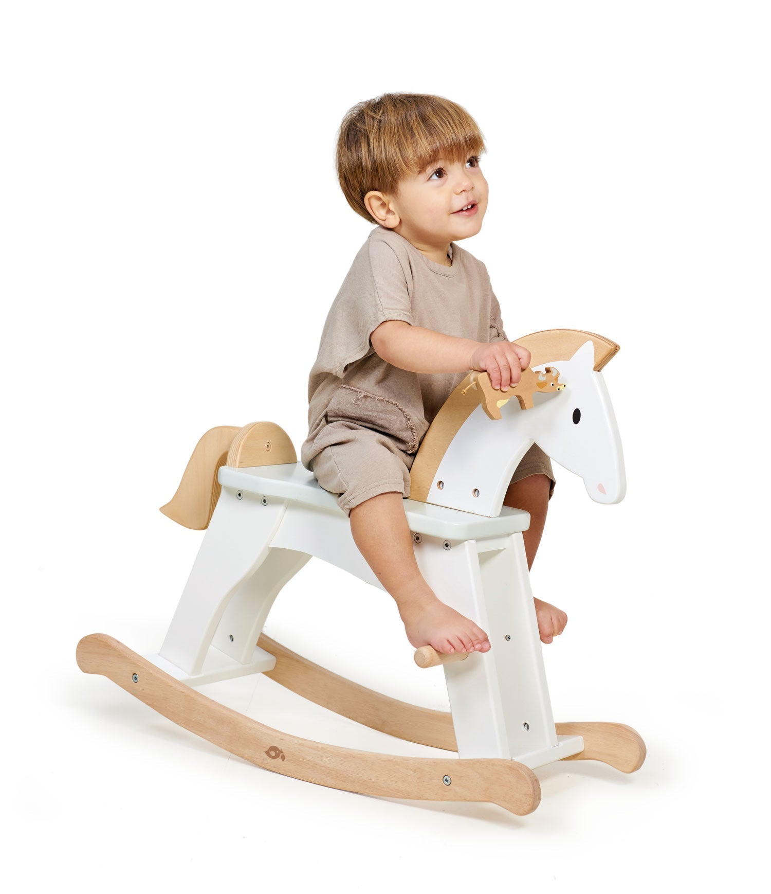 Child sitting on a wooden rocking horse against a white background