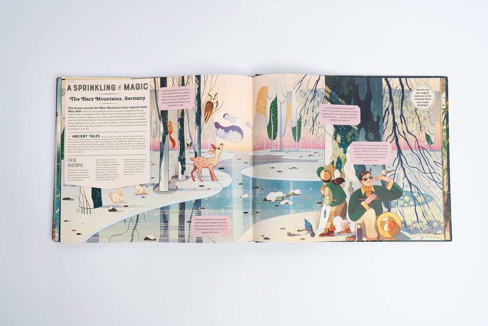 Illustrated book open to a page with children by a pond and text about the Wartburg Mountain Range, Germany.