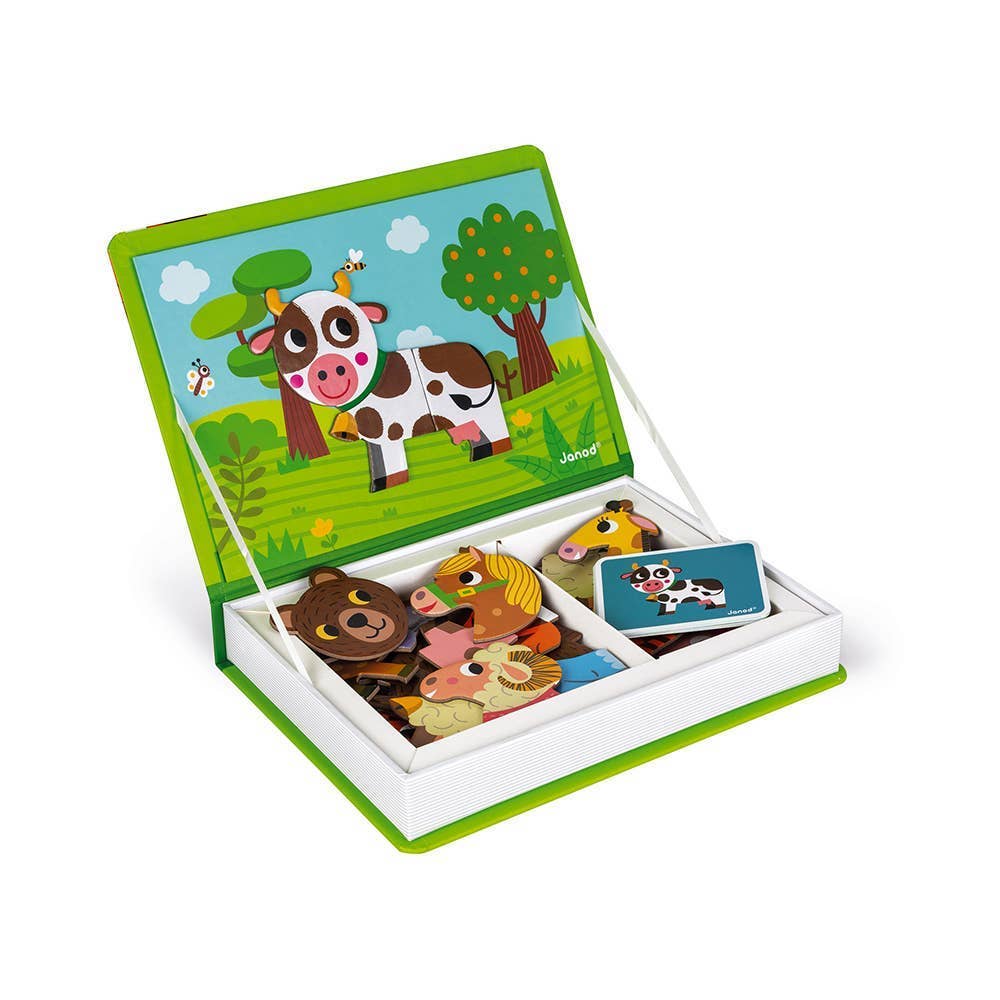 Children's wooden puzzle with animal figures in a colorful box