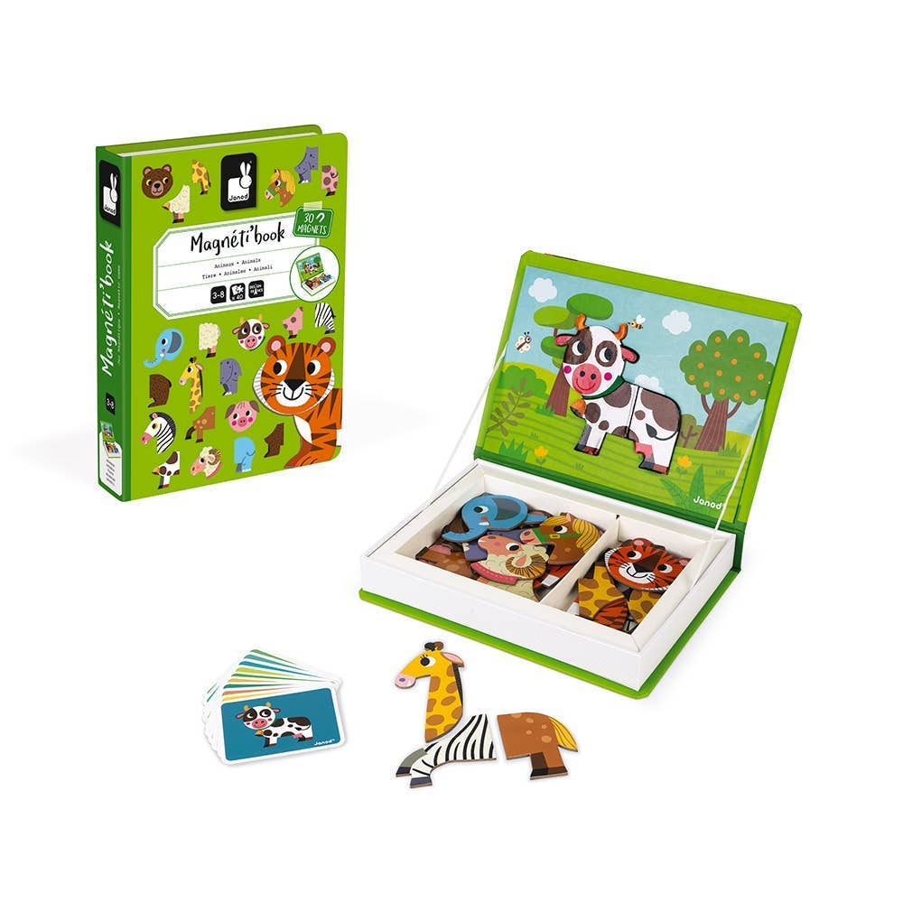 Children's magnetic puzzle book with animal illustrations on a white background
