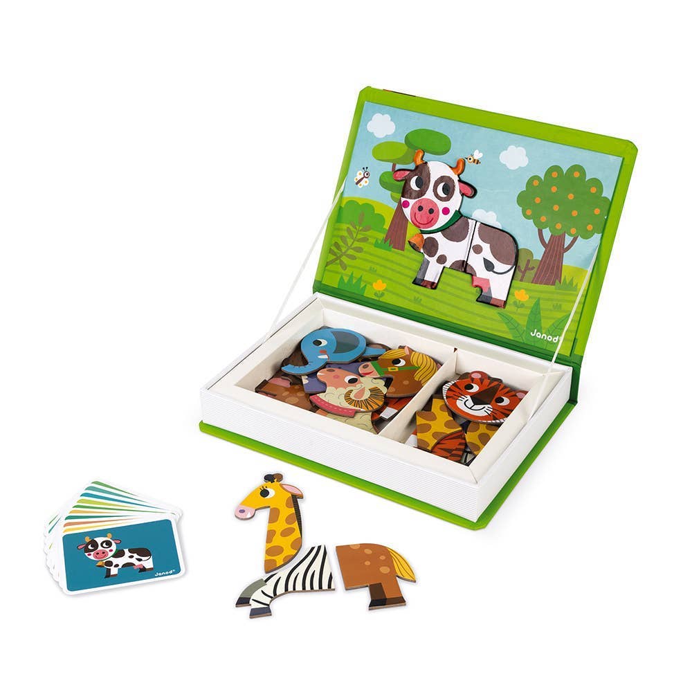 Children's wooden puzzle with animal figures and matching cards on a white background