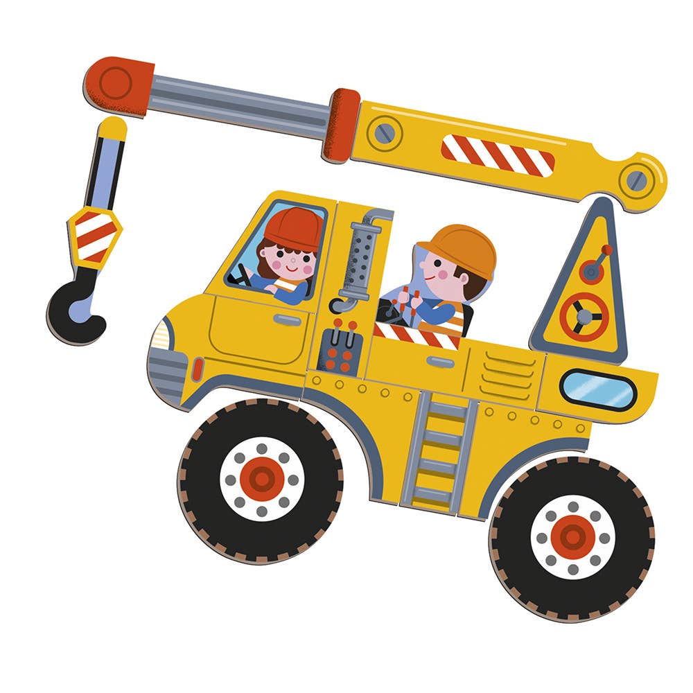 Illustration of a yellow construction vehicle with a crane on a white background
