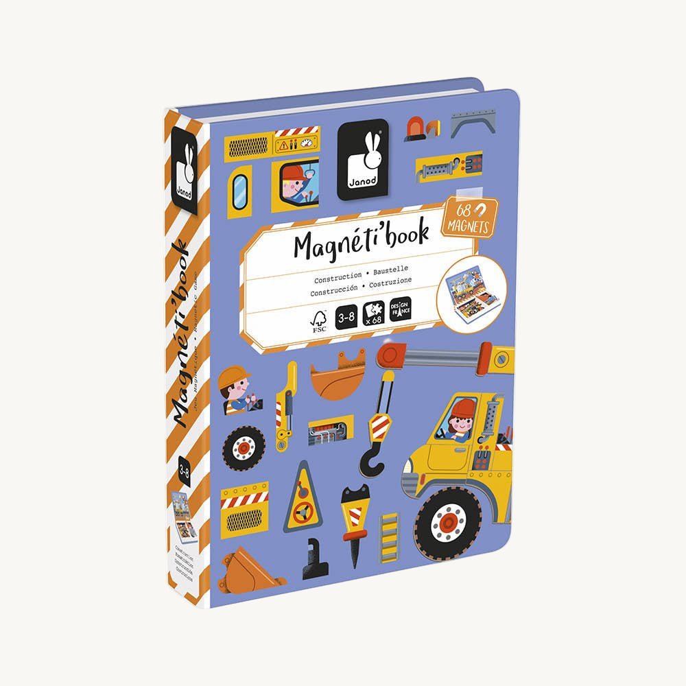 Children's magnetic book with construction-themed illustrations on a white background