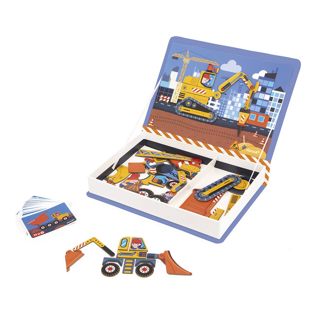 Children's book with construction vehicle illustrations on a white background