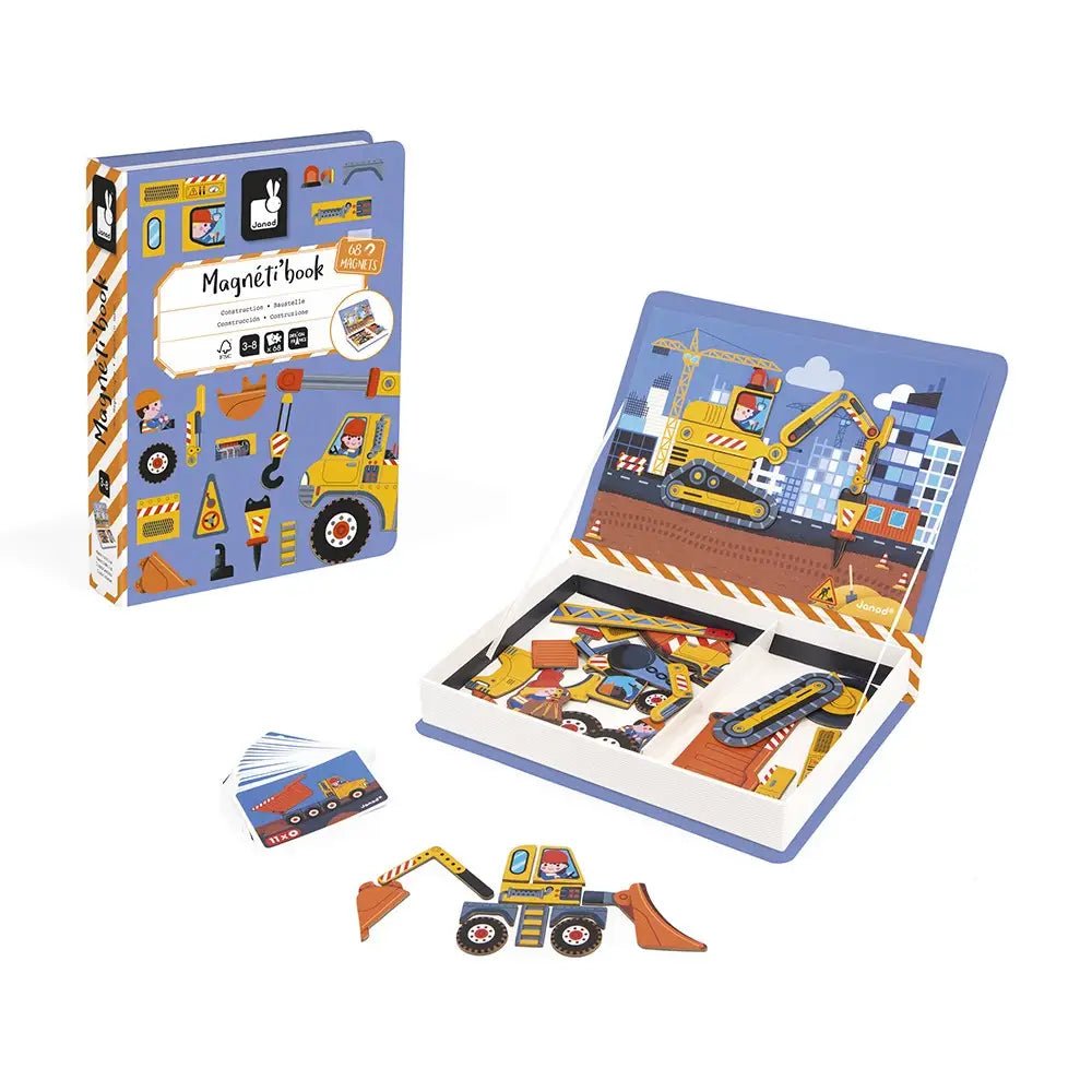 Children's construction-themed magnetic book with illustrations of vehicles and a cityscape on a white background.