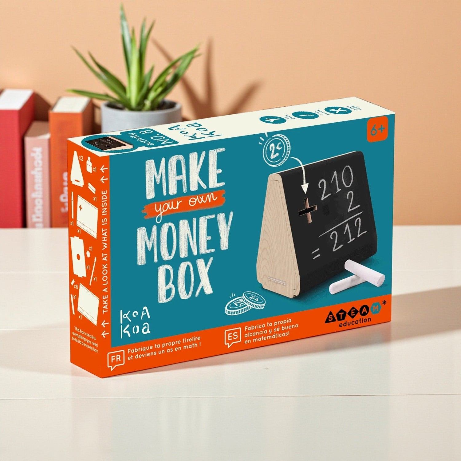 Box for 'Make your own money box' educational kit on a table with books and a plant in the background.
