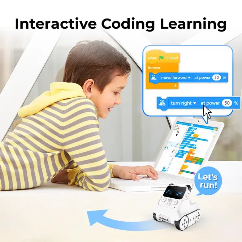 Child interacting with a coding robot toy on a table, with text 'Interactive Coding Learning' above.