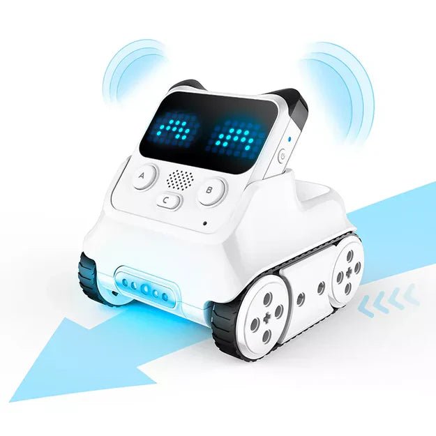 White robot with screen and blue lights on a white background