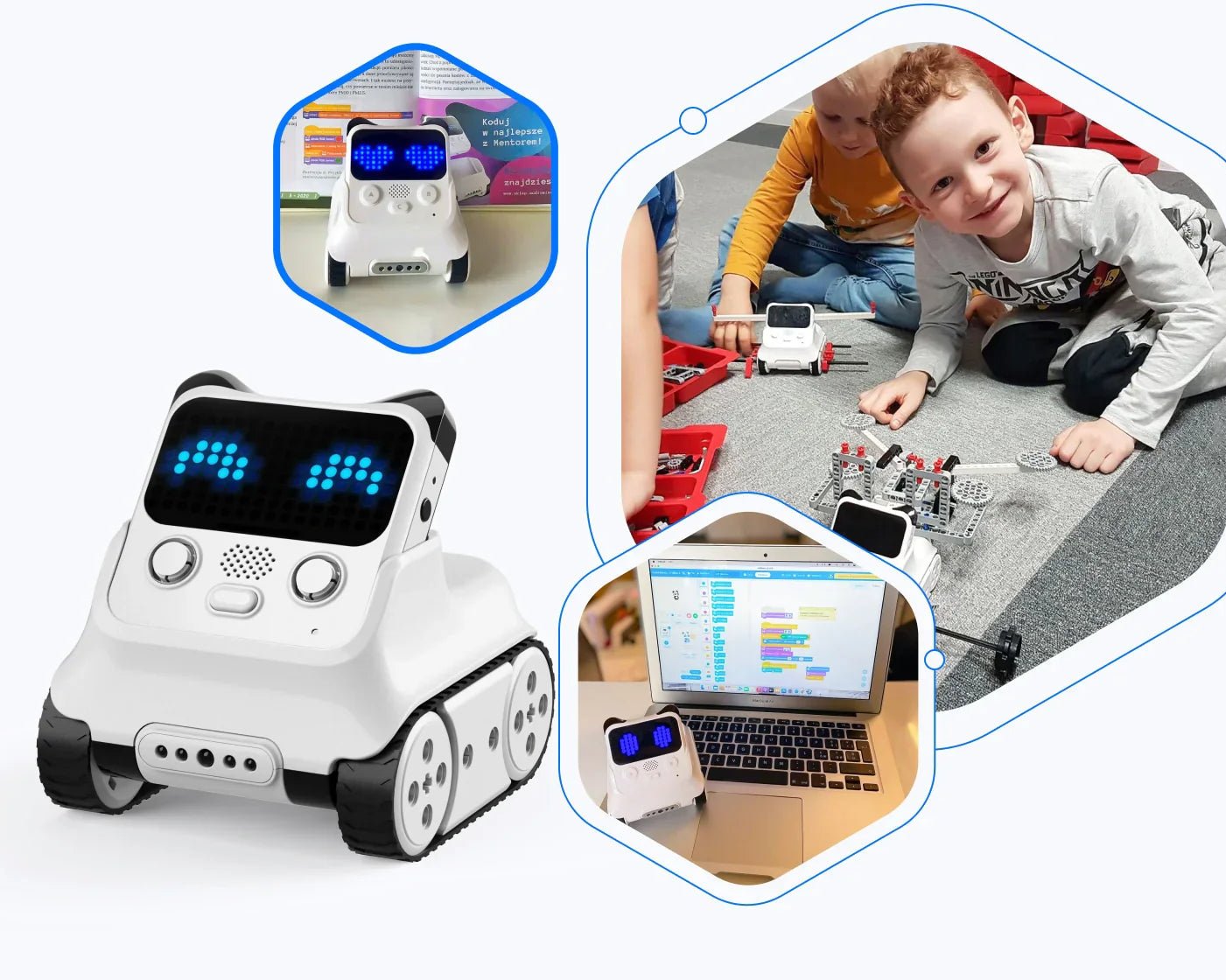White robot with blue screens on a white background, surrounded by images of children playing with robots and a laptop.