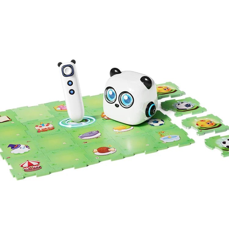 Panda-shaped educational toy with a remote control on a green mat with cartoon characters.
