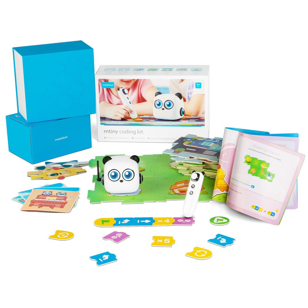 Coding robot toy set with educational materials on a white background