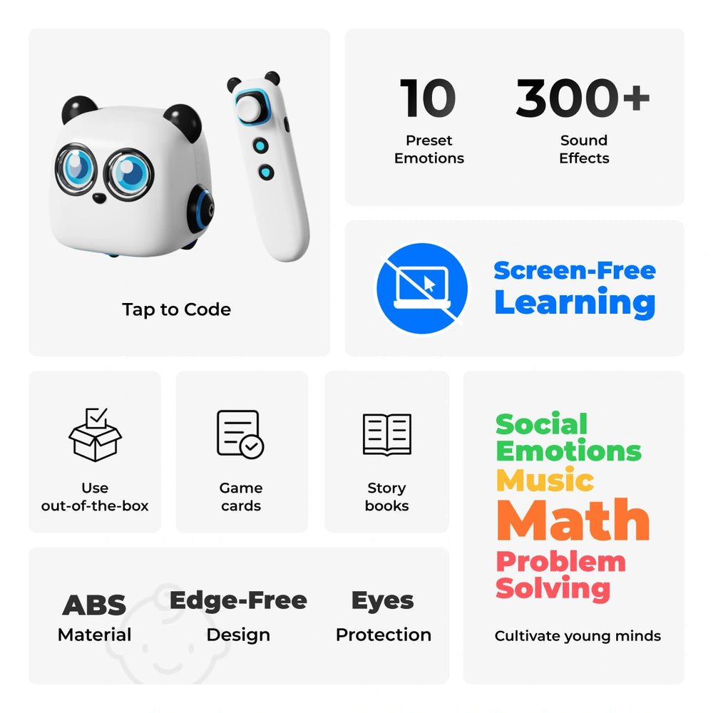 Educational device with panda design and features listed on a white background
