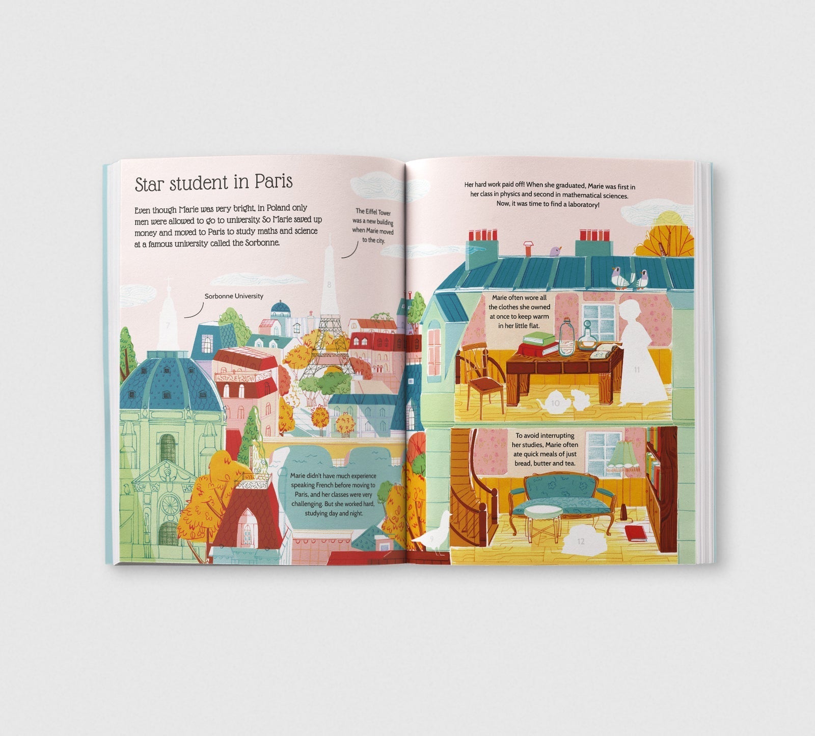 Illustrated book open to a page with colorful scenes and text on a white background