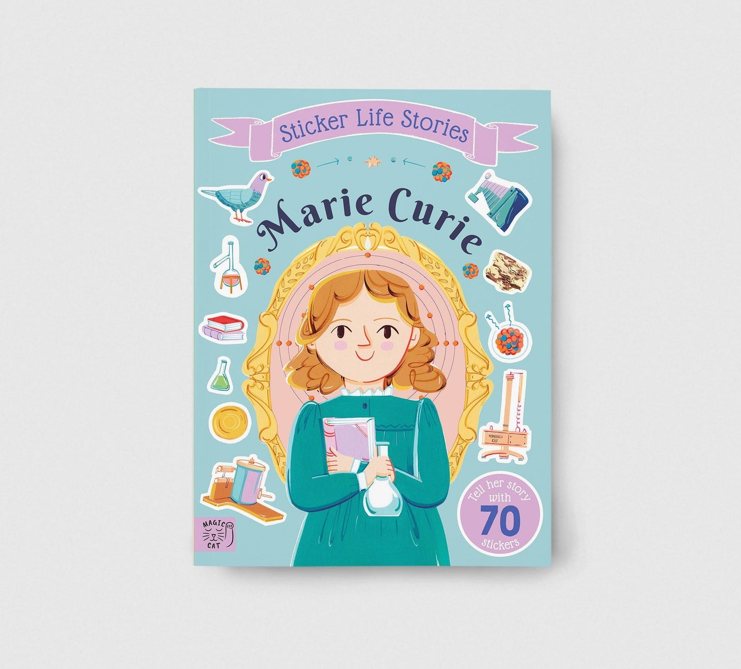 Book cover of 'Sticker Life Stories Marie Curie' with illustrations and text on a light blue background
