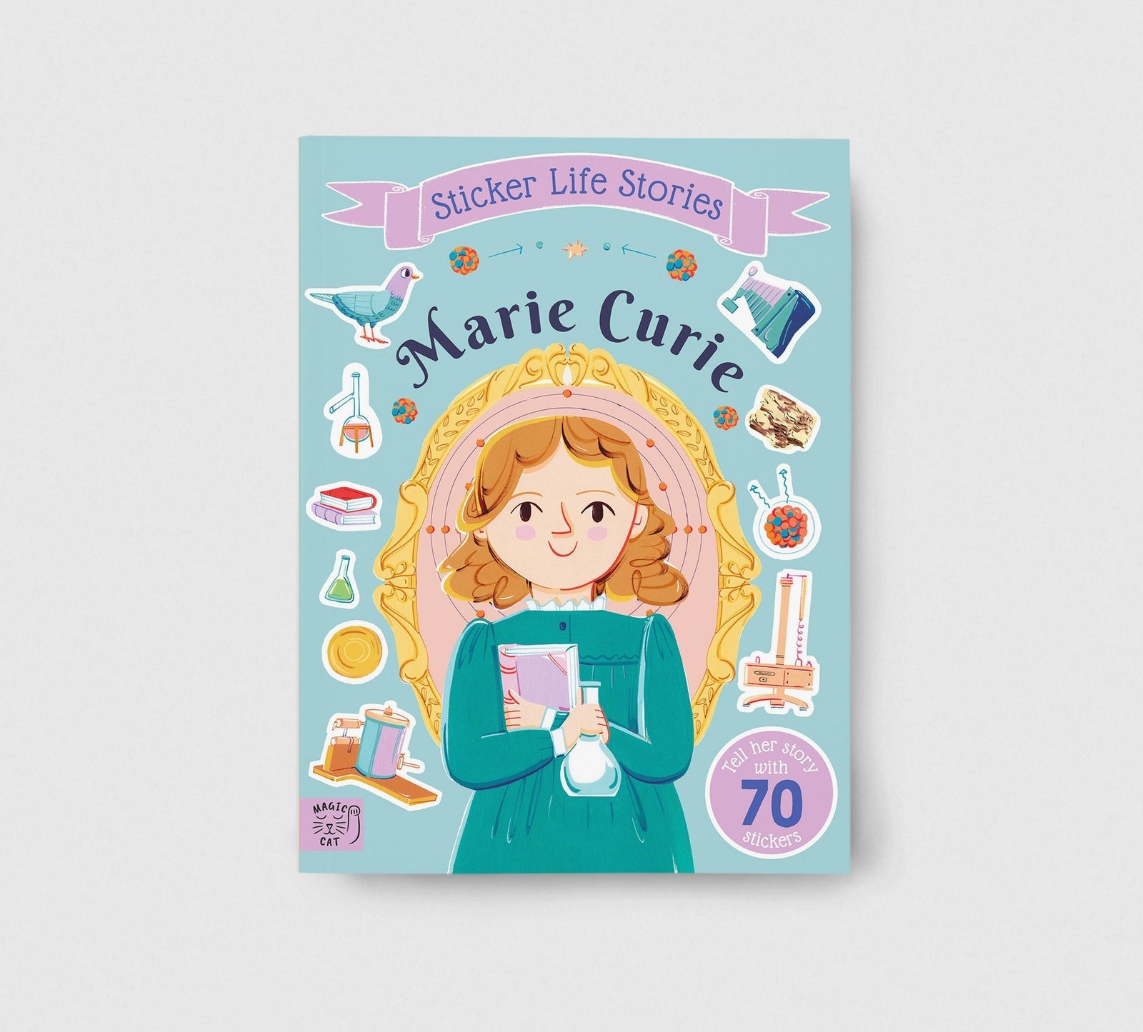 Book cover of 'Sticker Life Stories Marie Curie' with illustrations and text on a light blue background