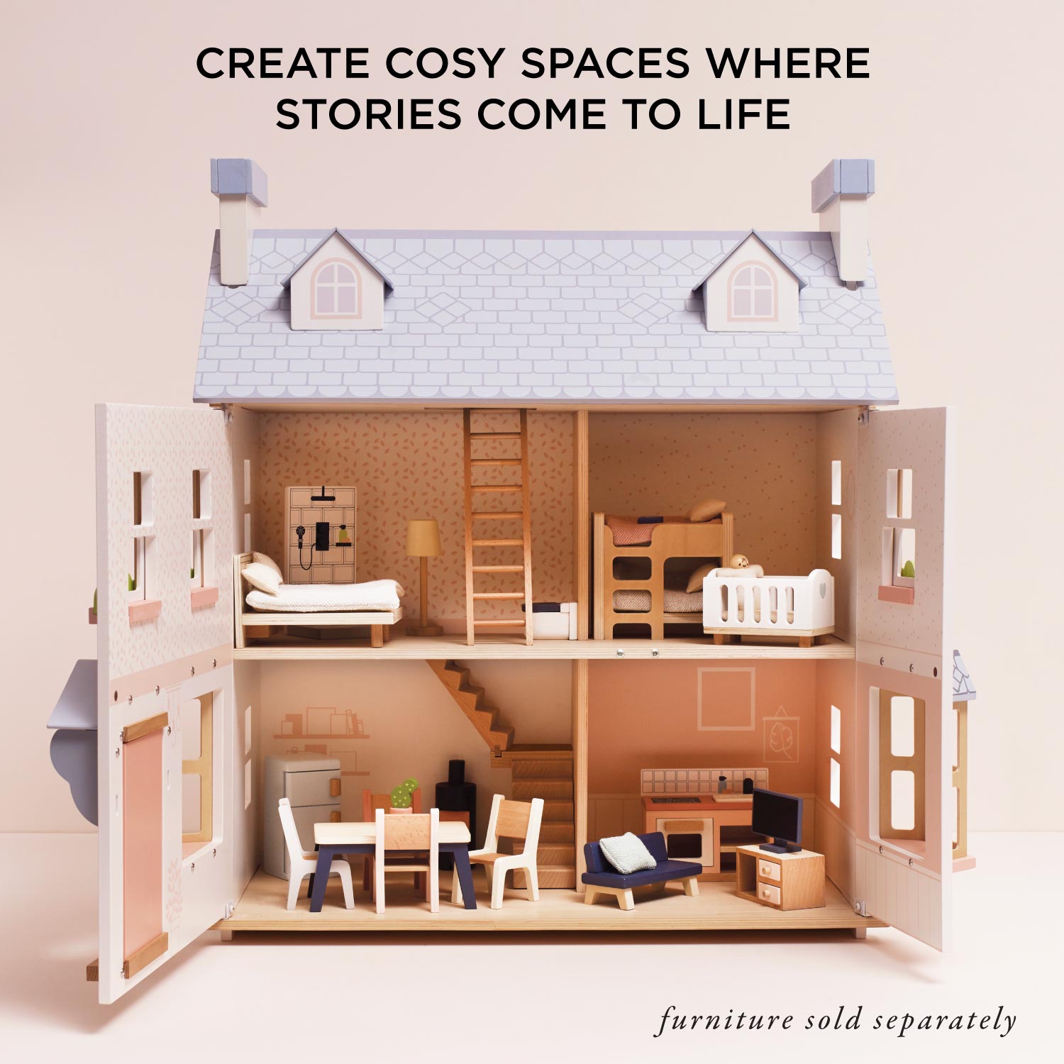 Dollhouse with furniture layout and text 'Create Cosy Spaces Where Stories Come to Life'.
