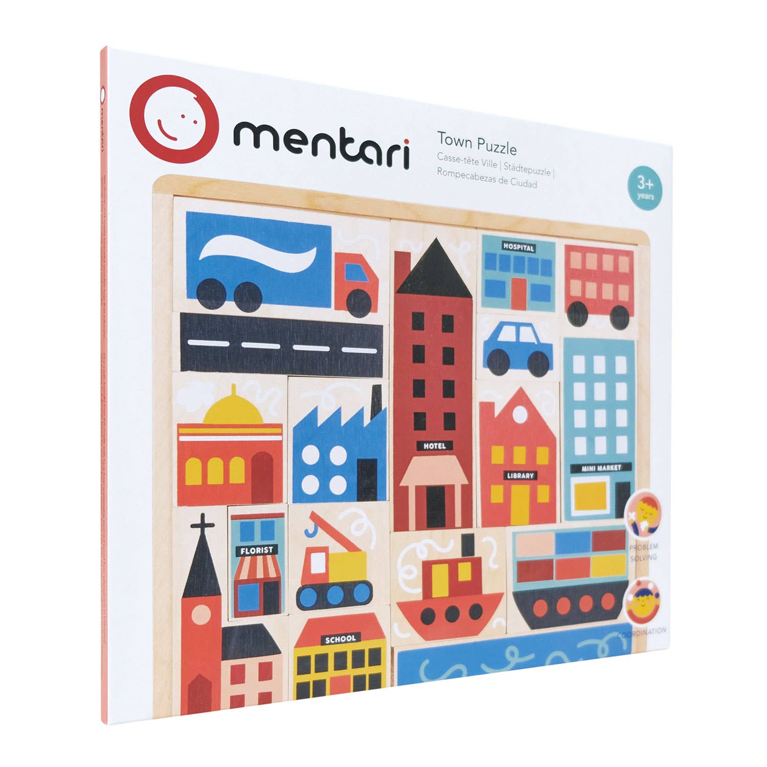 Mentari Town Puzzle packaging with colorful illustrations of a cityscape on a white background