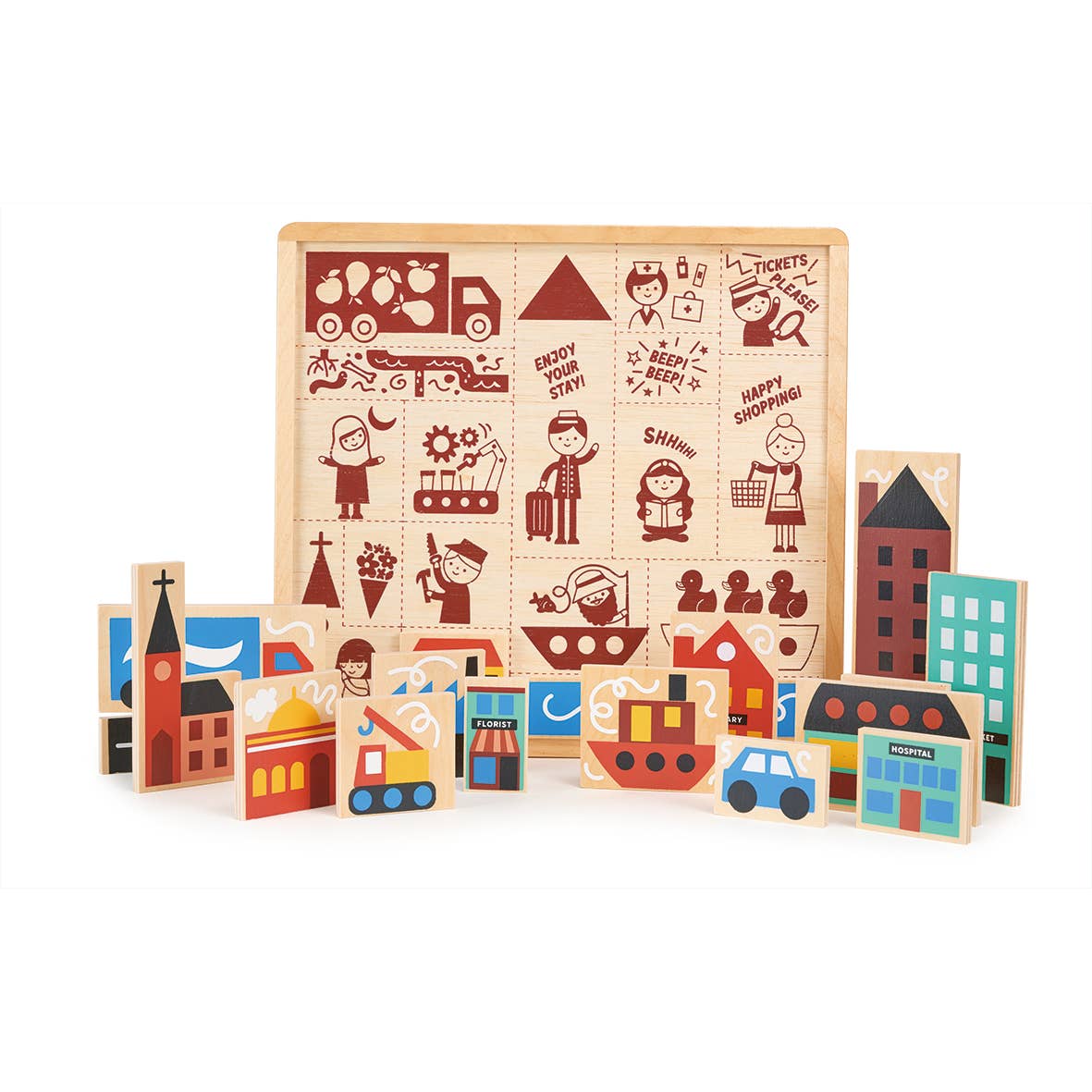 Wooden puzzle with colorful illustrations on a white background