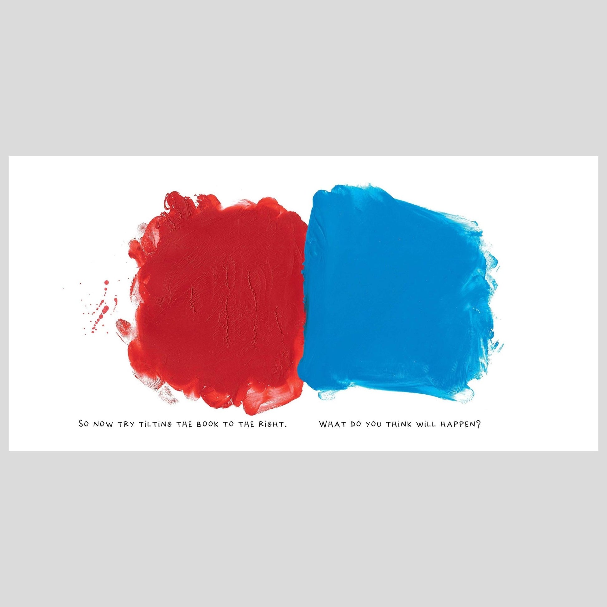 Red and blue abstract art on a white background with text.