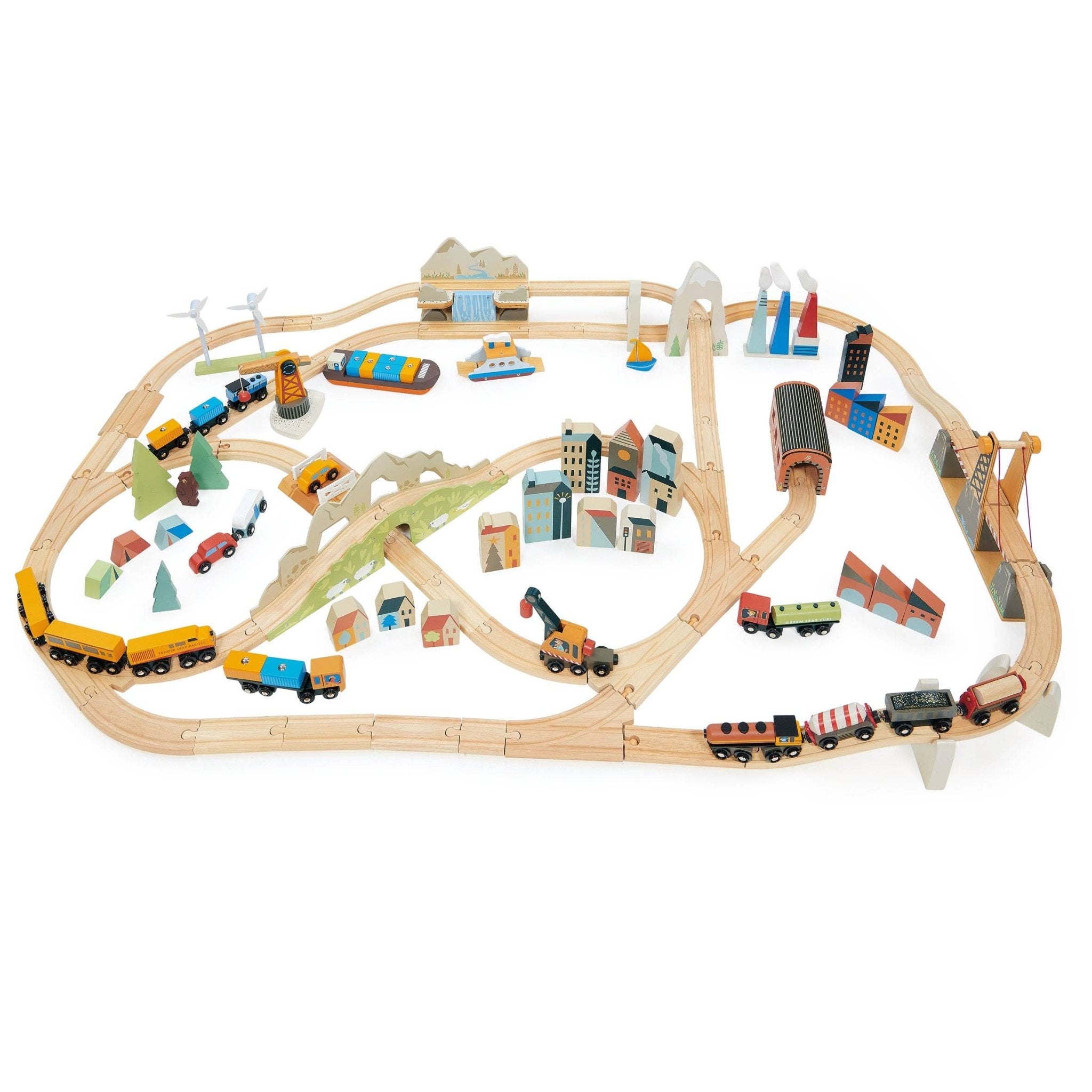 Wooden toy train set with tracks and various train cars on a white background