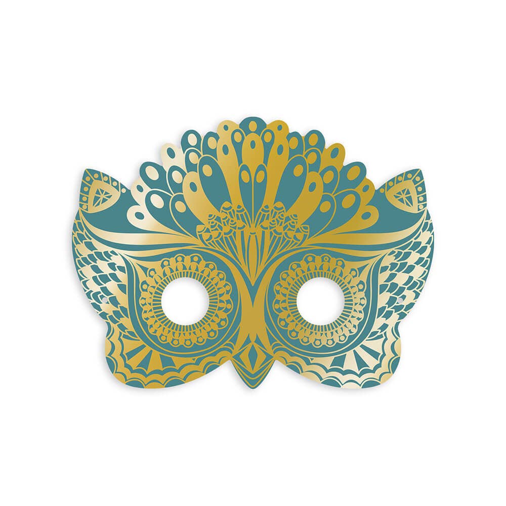 Decorative owl mask with teal and gold patterns on a white background